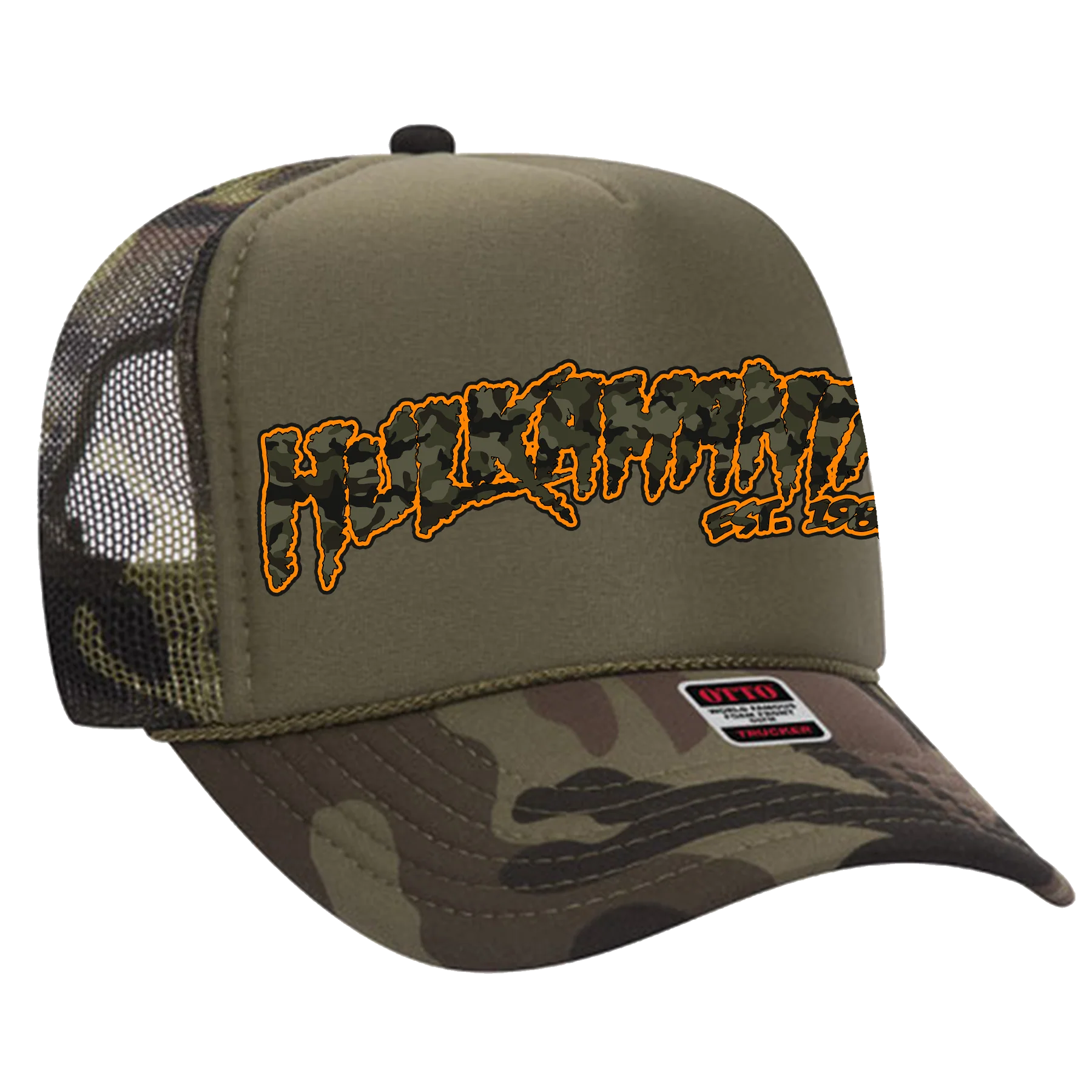 Green Camo/Green Hulkamania Green Camo/Orange Letters Trucker Hat - Image 2