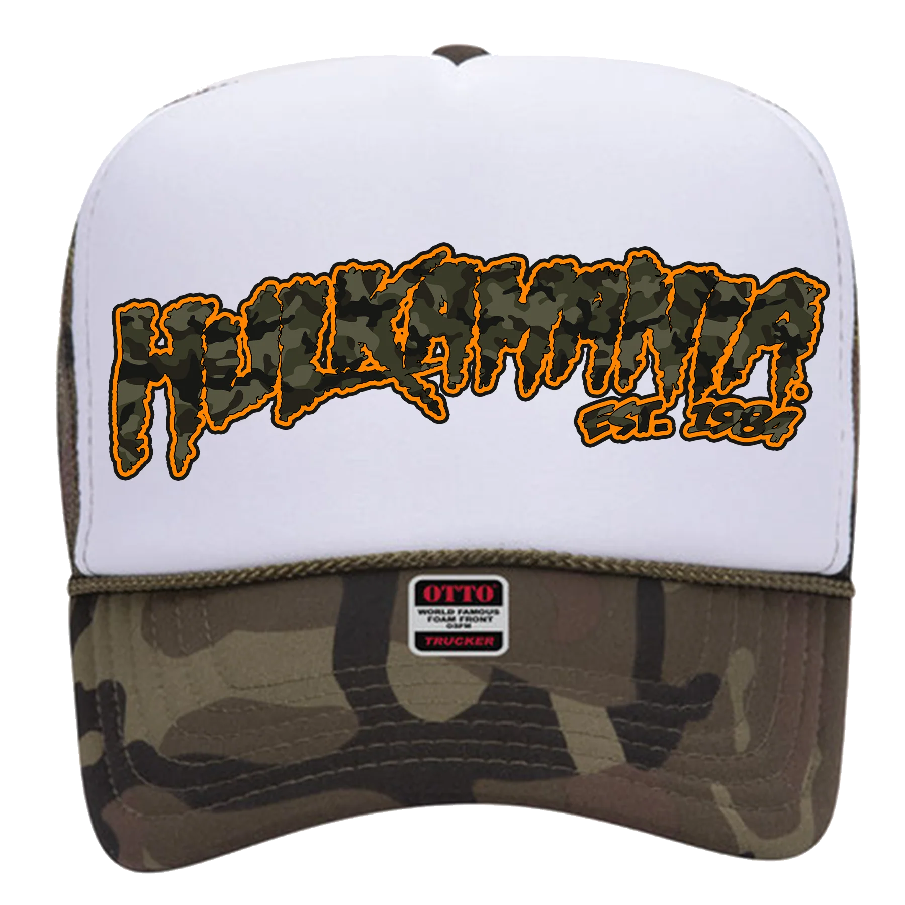 Green Camo/White Hulkamania Camo/Orange Letters Trucker Hat