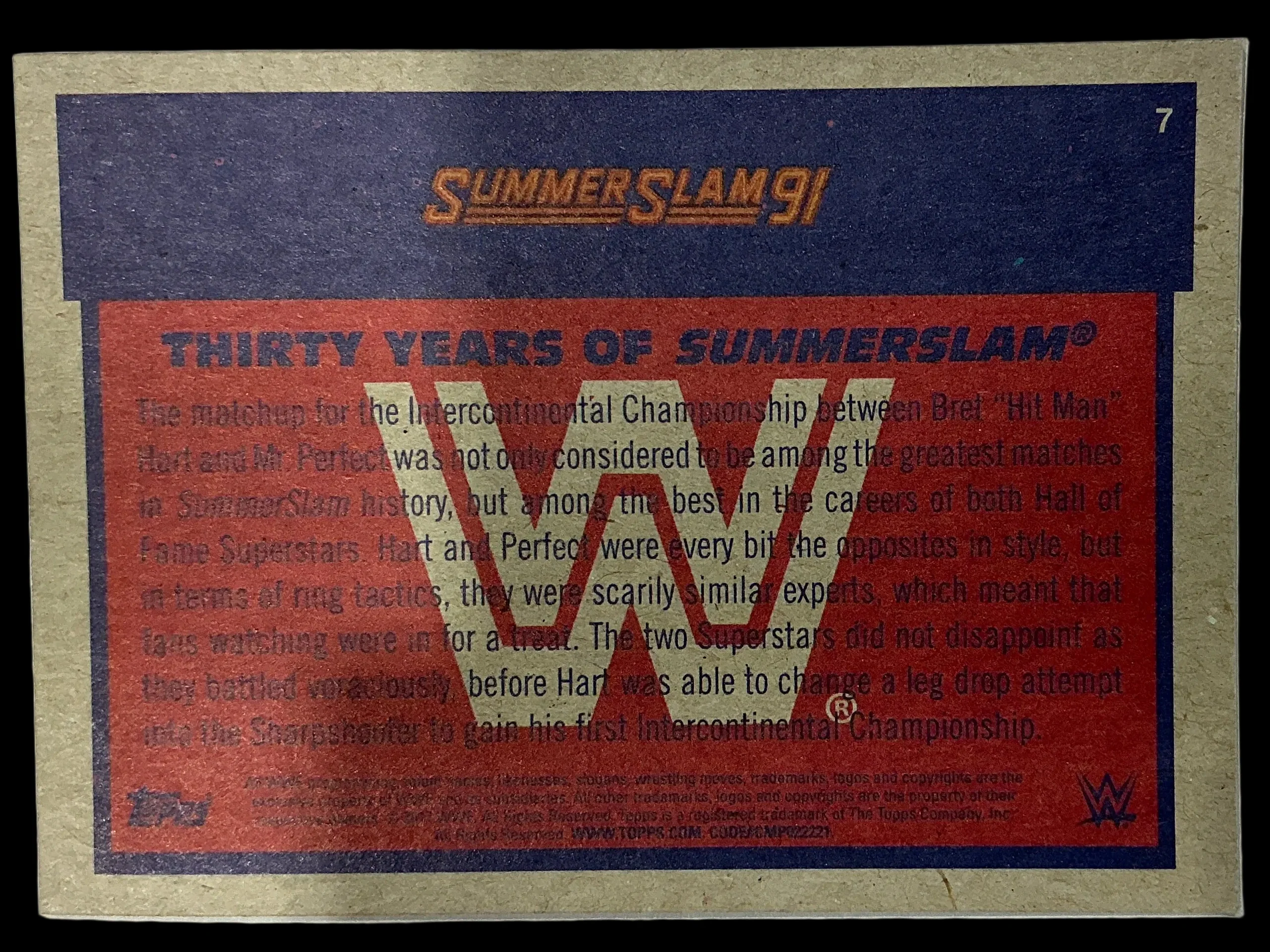 Topps Summerslam 91 Bret “Hit Man” Hart Defeats Mr. Perfect #7 Trading Card - Image 2